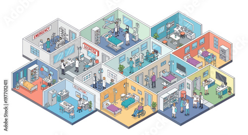 Detailed isometric vector illustration of a hospital floor plan, showcasing various departments and medical staff, designed with bright colors and clean lines, conveying a modern