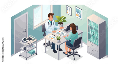 Isometric vector illustration featuring a doctor consulting with a patient in a well-equipped hospital room with medical equipment, set against light blue walls, conveying a professional