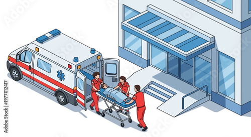 Isometric vector illustration showing paramedics unloading a patient on a stretcher from an ambulance at a hospital entrance, designed with clean lines and a bright color palette