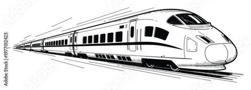 Dynamic line drawing of a highspeed bullet train rapidly moving across tracks, symbolizing modern transportation and efficiency for global travel, logistics, or innovation themed