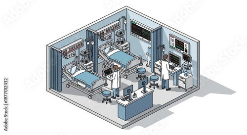Isometric illustration showing hospital staff attending to patients in a ward, complete with beds and equipment, set against a light background in a vector design with a clean, modern