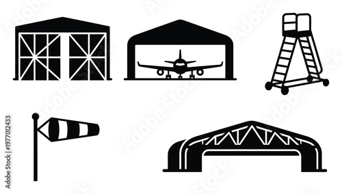 A collection of essential airport and aviation related icons including hangars, aircraft, passenger stairs, and a windsock, perfect for illustrating flight operations and airfield