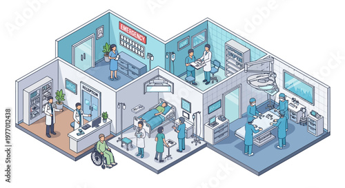 Isometric vector art depicts an active hospital with various people, including doctors and patients, interacting in different departments like the operating room and administration office