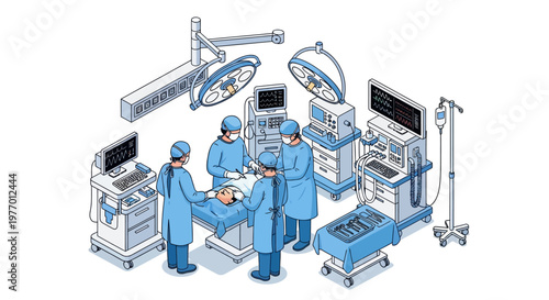 Isometric vector illustration of medical people in an operating room, the characters performing surgery on a patient with surgical equipment present against a clean white background