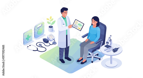 Isometric vector art features a doctor presenting medical data on a tablet to a seated patient in a hospital room, accented by a sphygmomanometer and microscope, all set against a clean