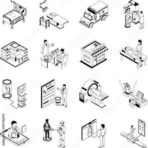 Collection of Healthcare and Medical Isometric Style Icons 

