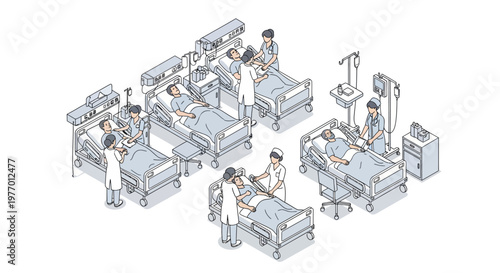 Isometric vector art illustration shows hospital staff attending to patients in beds within a stylized ward, rendered with a clean design and a muted color palette, conveying a sense