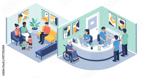 Isometric vector illustration of a diverse group of people in a hospital waiting area, with staff at the reception desk and patients in the lobby, creating a calm and orderly atmosphere