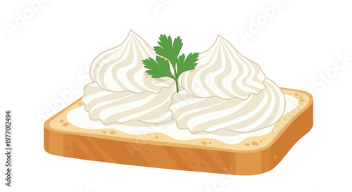Slice of toasted bread topped with two large decorative swirls of white cream cheese and a fresh green parsley garnish.