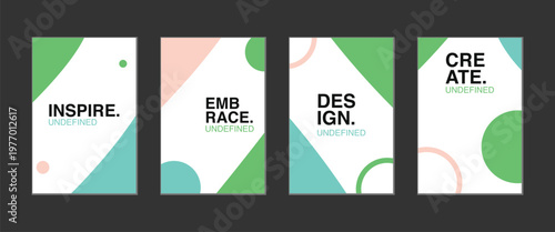 Minimalist geometric poster template set. Features green triangles and pastel pink circles with bold black typography. Ideal for creative flyers.