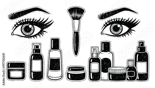 Stylized cosmetic product collection with detailed eyes and a makeup applicator brush perfect for beauty blog graphics, skincare advertisements, and salon branding