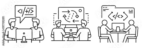 Icons depicting collaboration between software developers on coding projects