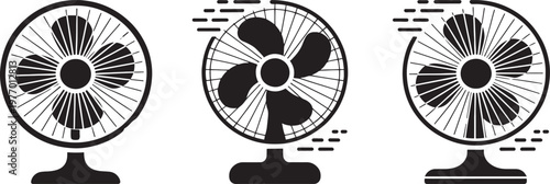 Electric fans featuring various oscillation modes and airflow settings are presented as a collection of black and white vector icons for cooling design.