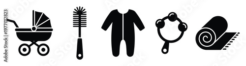 Essential newborn accessories collection featuring baby stroller, bottle cleaner, infant romper, toy rattle, and soft blanket for childcare and parenting resources