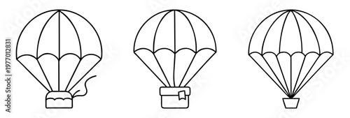 Three black and white minimalist parachute designs in a row arrangement