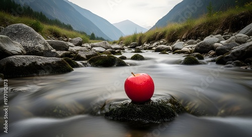 Sebuah apel merah di atas batu berlumut di tengah sungai yang mengalir deras