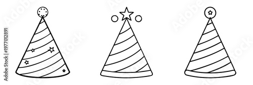 Three different black and white party hats with different decorations on top