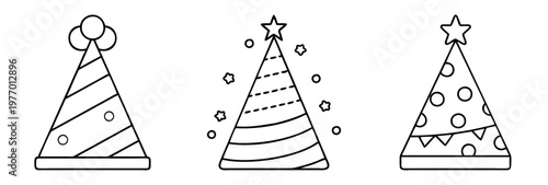 Collection of three black and white line drawing birthday party hats