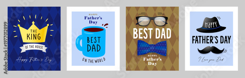 The King of the house, Happy Fathers Day greeting cards set 2026. Creative Father's Day posters dasign with crown, coffee cup, doodle necktie, glasses and hat. Vector illustration