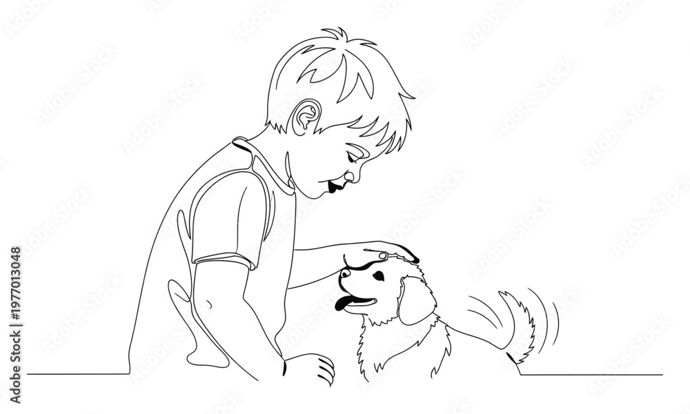 Fototapeta premium Young child gently petting an adorable dog with a wagging tail, illustrating childhood friendship and animal care, perfect for educational materials, pet store promotions, or familyoriented