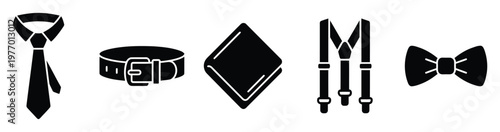 Collection of classic formal mens accessories including a necktie belt pocket square suspenders and bow tie depicting traditional apparel for special occasions or business wear applications