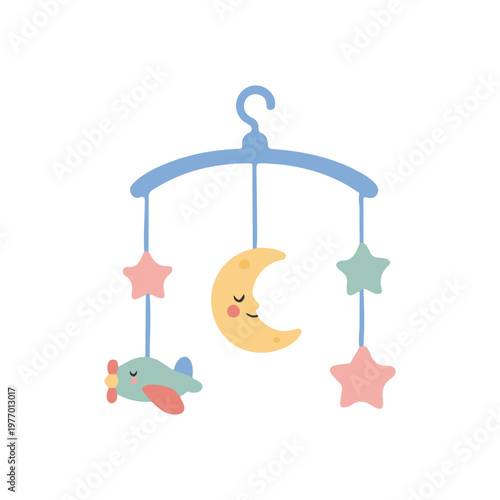 Cute Baby Crib Mobile Illustration, Kawaii Nursery Hanging Toy with Moon and Stars Flat Vector