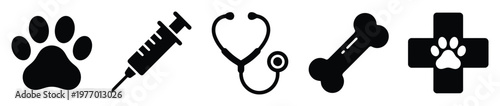Veterinary medicine icons set including paw print, syringe, stethoscope, bone, and medical cross with paw print, perfect for pet care, animal health, and clinic branding materials.