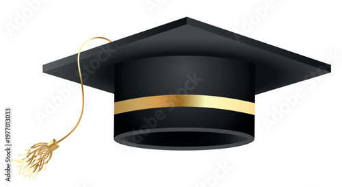 Black graduation cap with a golden tassel and band isolated on transparent background. Symbol academic achievement, university commencement, and success