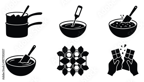Collection of baking icons depicting the chocolate making process from melting and tempering to molding and breaking for recipes and dessert preparation guides.