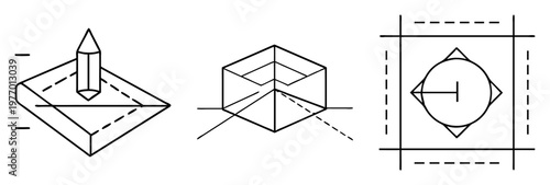 Three dimensional geometric sketches with clean lines and mathematical representation techniques