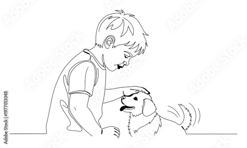 Young child gently petting an adorable dog with a wagging tail, illustrating childhood friendship and animal care, perfect for educational materials, pet store promotions, or familyoriented