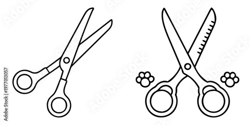 Outlined illustration of two pairs of grooming shears with paw prints