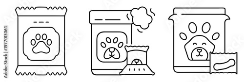 Illustration of various dog food packaging in outline style vector design