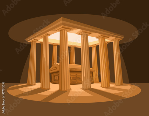 Ancient Temple Tomb with Treasure Chest Historical Illustration Vector