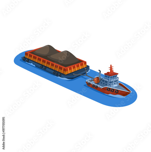 Coal Transport Barge with Tugboat Industrial Shipping Illustration Vector