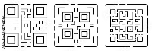 Three Abstract Geometric QR Code Designs with Square Motifs on White Background