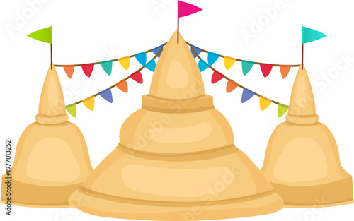 Tiered sand castle scene with bunting for beach events