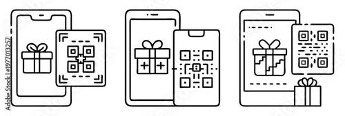 Monochrome illustration of three smart phones with gift boxes and QR codes
