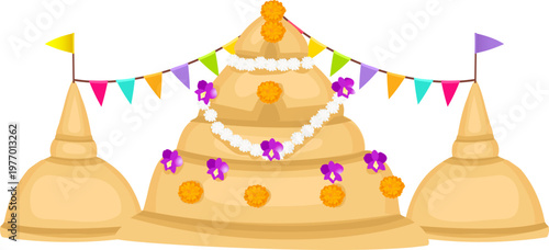 Festive beach sand castle scene with colorful flags