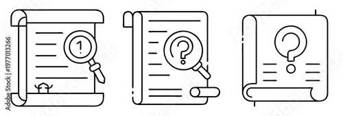 Three stylized documents with magnifying glasses examining key aspects and details