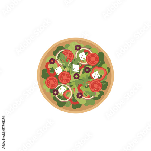 Greek Salad Bowl Top View Illustration, Kawaii Fresh Vegetable Salad with Feta Flat Vector