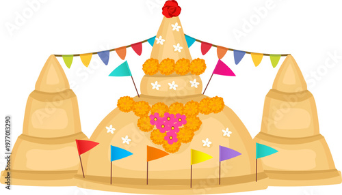 Beach castle tent scene with colorful party flags