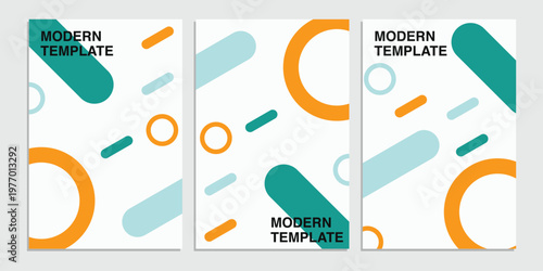 Abstract geometric vector cover templates. Features teal light blue and orange rings alongside rounded pill shapes for brochures.