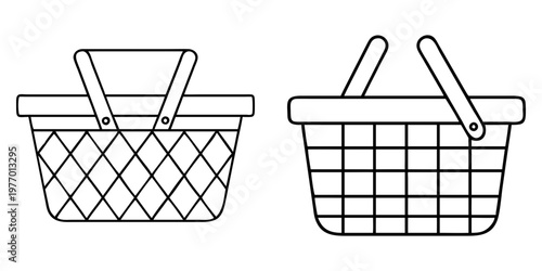 Two differently styled picnic baskets depicted in black outline drawing