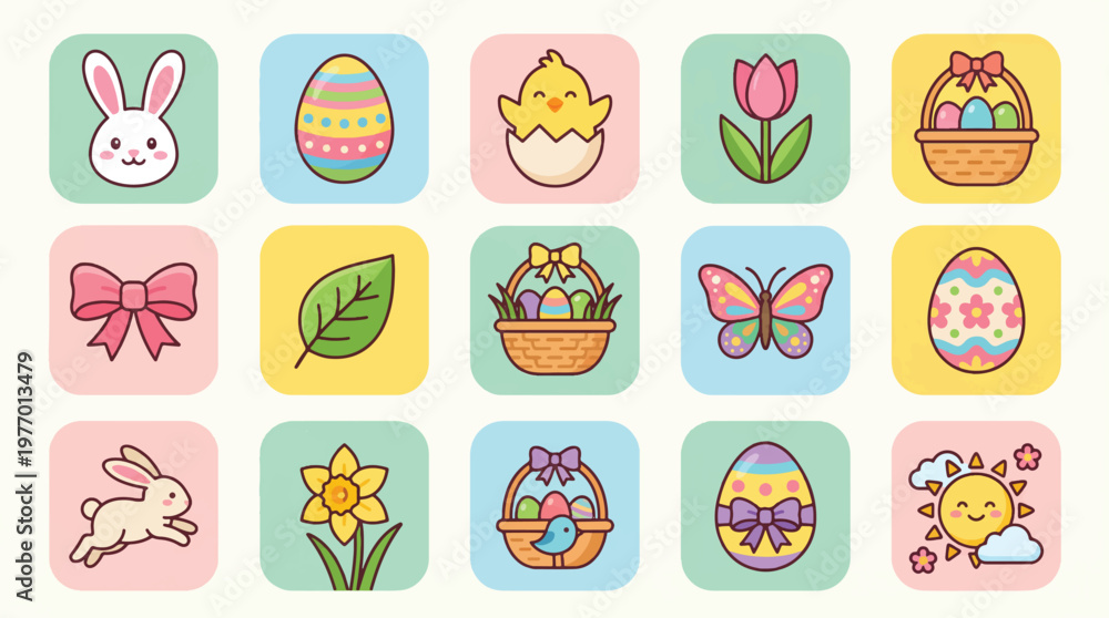 Fototapeta premium Easter Holiday Icons Collection with Bunny, Egg, Flower, and Basket Illustrations