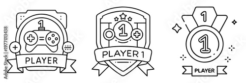 Gaming Achievement Badge Set, First Player Ranking in Video Games Style