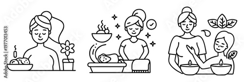 Line art illustrations depicting relaxation, skincare and spa treatments for well being