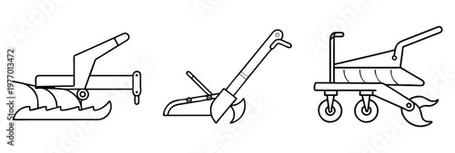 Three agricultural implements tools in outline format for farming and cultivation