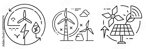 Linear illustration showcasing renewable energy sources wind turbines and solar panels