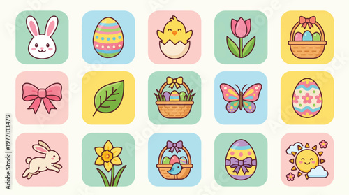 Easter Holiday Icons Collection with Bunny, Egg, Flower, and Basket Illustrations